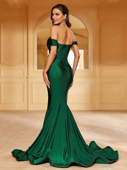 Shoulderless pleated wrap hem and floor length formal dress