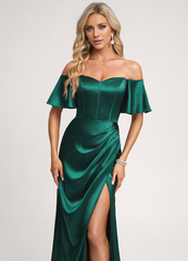 A-Line Off-The-Shoulder Floor-Length Satin Bridesmaids Dress
