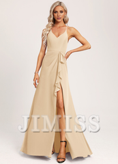 A-line V-neck and ground chiffon bridesmaid dress