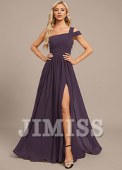 A-line off-the-shoulder one-shoulder floor-length chiffon pleated evening gown