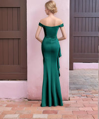 Jimiss off shoulder collar with ruffled edges, side split and floor length Prom dress