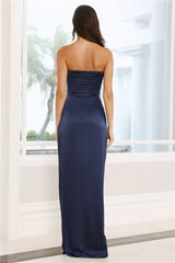 Jimiss off shoulder collar satin backless side slit and floor length Prom dress