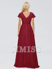 A-line V-neck chiffon side slit and floor length bridesmaid dress