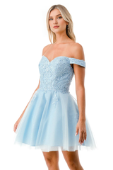 Embroidered applique short off shoulder dress