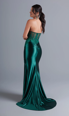 Deep green lace strapless and floor length dress