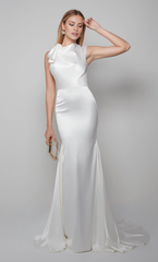 Satin high neck slim fit trumpet shaped back closed wedding dress