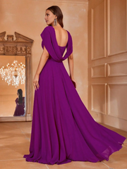 Solid color V-neck hanging back chiffon A-line and floor length Prom Dress - LD Dress