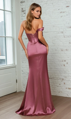 Jimiss single shoulder sweetheart neck tight corset with side slit and floor length evening dress