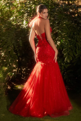 Red strapless lace up back mermaid and floor length Prom dress