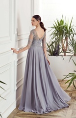 Chiffon lace illusion collar flowing formal long style mothers of the bride dresses