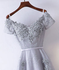 Gray v neck tulle lace applique long prom dress, lace evening dress