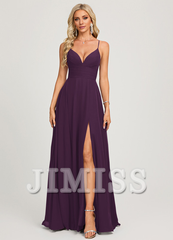 A-line V-neck pleated floor-length chiffon prom dress