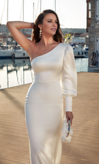 One shoulder straight tube cuff with button wedding dress