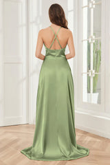 Column neck hanging soft satin and floor length bridesmaid dress