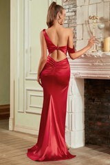 One shoulder red ball gown with ruffled edges evening dress