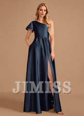 A-line one-shoulder floor-length satin bridesmaid dress