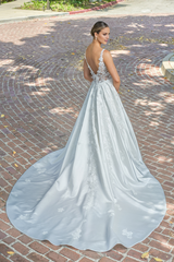 A-line satin deep V-neck 3D flower bead lace and floor length wedding dress