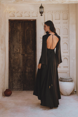 Jimiss V-neck long sleeved backless and floor length evening dress