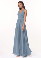A-line V-neck pleated chiffon and floor length bridesmaid dress - Jimiss Dress