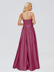 V-neck thin shoulder strap satin and floor length bridesmaid dress