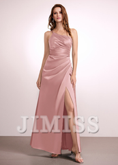 A-line one-shoulder floor-length satin bridesmaid dress