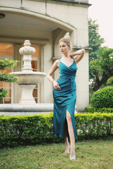Jimiss slim shoulder strap V-neck side slit long Prom dress