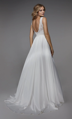 Perfect satin V-neck A-line lace tight hem and floor length wedding dresses