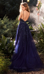Elegant V-neck A-line backless navy blue Prom dress