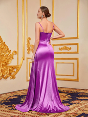 Mermaid asymmetrical neckline satin and floor length formal dresses