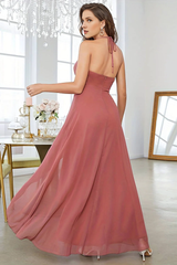 Coral A-line asymmetrical hanging neck sleeveless evening dress