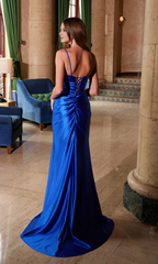 Jimiss V-neck slim shoulder strap with off shoulder side slit and floor length evening dress