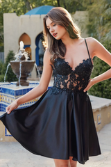 Embroidered sequin decal short sleeveless satin dress