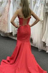 Jimiss off shoulder red satin slit with fish tail long dress