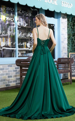A-line V-neck slim shoulder strap sleeveless and floor length Prom dress