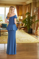 Off shoulder V-neck short sleeved crepe and floor length mother of the bride dress