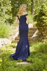 Off shoulder collar with beaded lace decals and floor length godons evening dresses