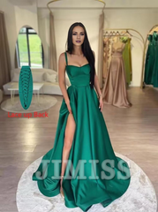 Thin shoulder strap satin ball gown with long A-line slit and pleated formal party evening gown