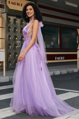 Gorgeous gray purple A-line hanging neck tight corset evening dress