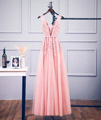 Pink v neck tulle lace applique long prom dress, pink bridesmaid dress