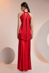 Mermaid asymmetrical collar satin drag and floor length evening gown