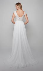 Chiffon A-line scallop shaped illusion lace tight corset and floor length wedding dresses