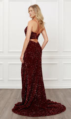 Back hollowed out burgundy sequin formal and floor length dress