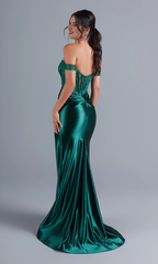 Off shoulder emerald green and floor length dress