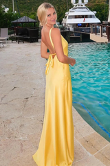 Jimiss V-neck yellow backless slit long Prom dress