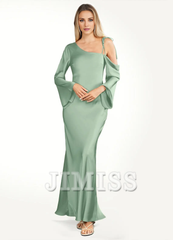 Asymmetric single shoulder collar satin and floor length evening dress