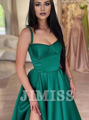 Thin shoulder strap satin ball gown with long A-line slit and pleated formal party evening gown