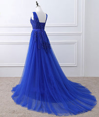 Blue v neck tulle lace long prom dress, blue evening dress