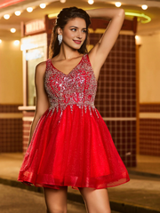 Sparkling pearl embellishment chiffon lace up mini Homecoming dress