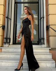 Jimiss elegant black strapless side slit and floor length evening dress