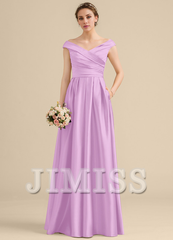 Ruffled A-Line Off-The-Shoulder Floor-Length Satin Bridesmaids Dress